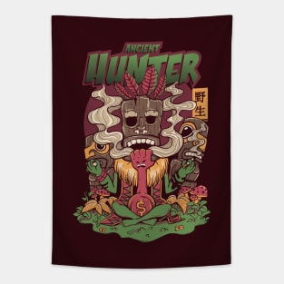 forest tiki the bounty hunter doing yoga while smoking with tiki totems Tapestry