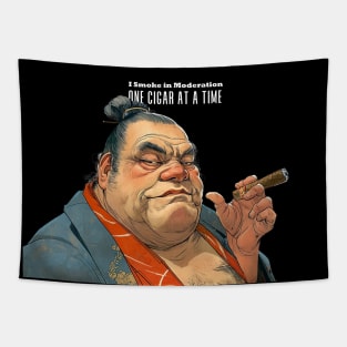 Puff Sumo Smoking a Cigar: "I Smoke Cigars in Moderation; One Cigar at a Time"  on a dark (Knocked Out) background Tapestry