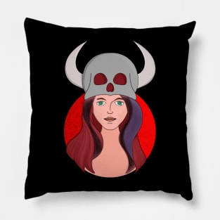 Woman Wearing a Skull With Horns Pillow