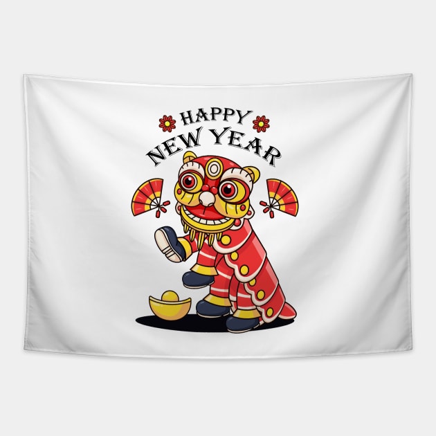 Chinese New Year, cute dragon lion dance Tapestry by Vyndesign