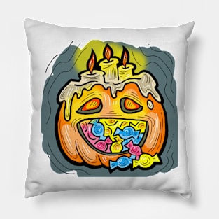 Scary Halloween pumpkin monster face head. Pillow