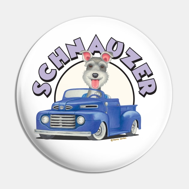 Cute Schnauzer mini puppy retro ready to ride in Classic Blue Truck Pin by Danny Gordon Art