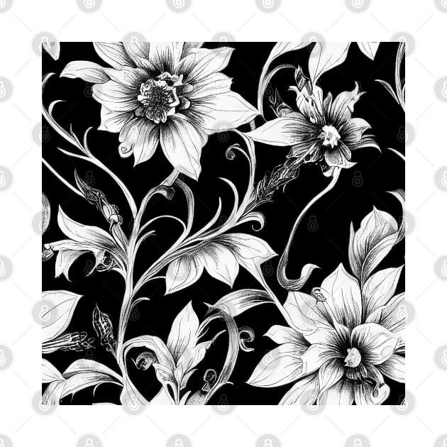 Vintage Floral Cottagecore Romantic Flower Design Black and White by VintageFlorals