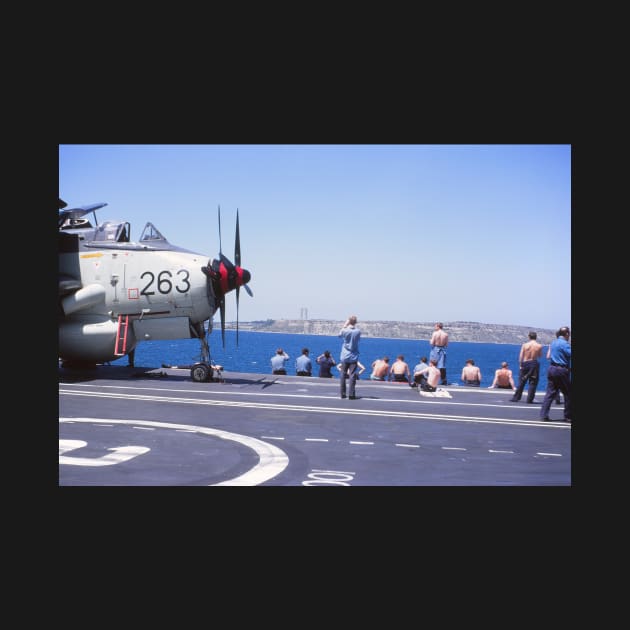 Fairey Gannet (nose of) alongside sailors on board the Royal Navy aircraft carrier HMS Hermes in the 1960s by ownedandloved