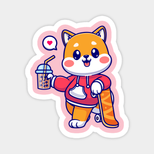 Cute Shiba Inu Drink Boba Milk Tea With Skateboard  Cartoon Magnet