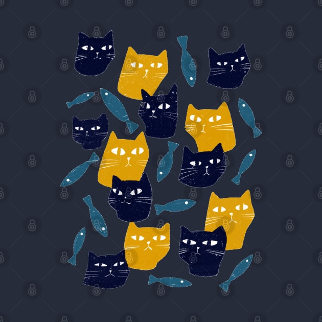 Blue and yellow cats with fish by iulistration