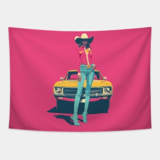 Retro Cosmic Cowgirl: Vintage Sci-Fi Western Inspired Art Tapestry