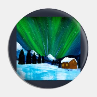 Aurora Borealis Snow Cabin Landscape Pin