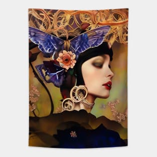 Pretty Art Deco girl painting with butterflies flowers and roses Tapestry