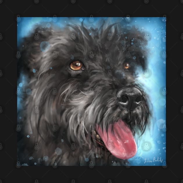 Painting of a Black Schnauzer With Its Tongue Out on Blue Background by ibadishi