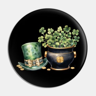 Leprechaun Hat and A Pot of Gold Coins and Clover Pin