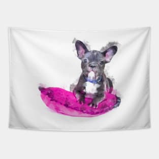 Cute Black And White Bulldog Puppy On A Pink Cusion Digital Portrait Tapestry