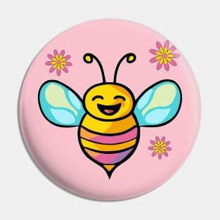 Happy smiling baby bee with flowers. Kawaii cartoon Pin