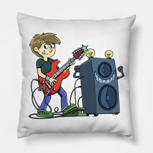 boy plays an electric guitar next to a large and agile music speaker Pillow