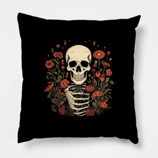 Skull with flowers, red flowers Pillow