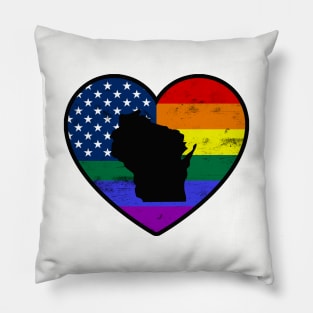 Wisconsin United States Gay Pride Flag Heart Pillow