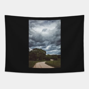 Country road under dark cloudy sky Tapestry