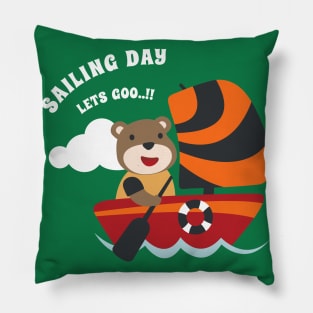 Funny bear sailor cartoon vector on little boat with cartoon style. Pillow