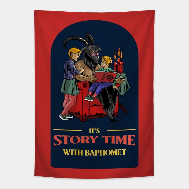 Funny Retro "It's Story Time With Baphomet" Parody Tapestry by TOXiK TWINS