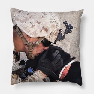 Soldier in Fatigues with Black Military Dog Pillow