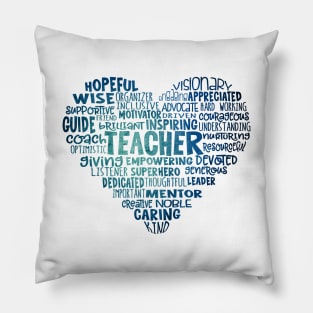 Teacher Heart Word Cloud Blue Pillow