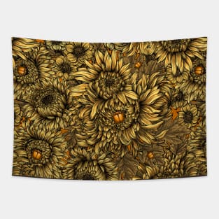 Yellow chrysanthemum flowers and orange bettles Tapestry