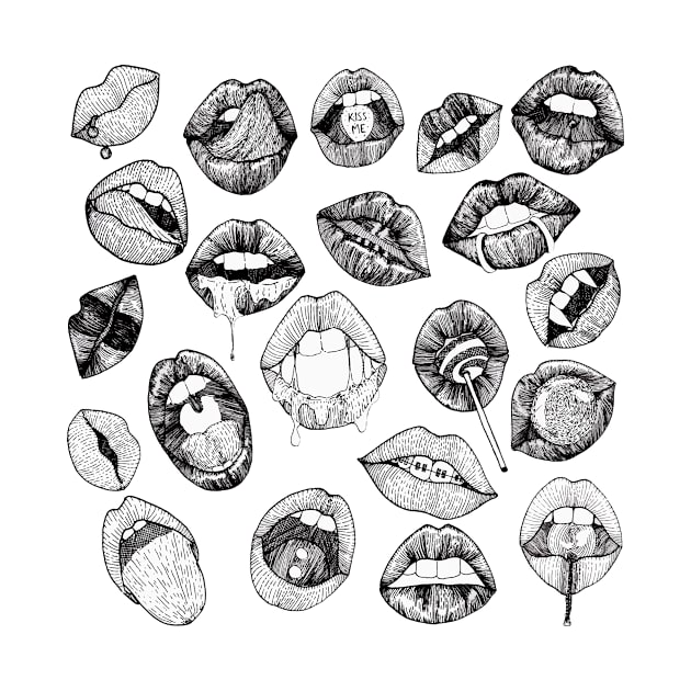 Hand Drawn Luscious Lips in Black and White by BlackStrawberry