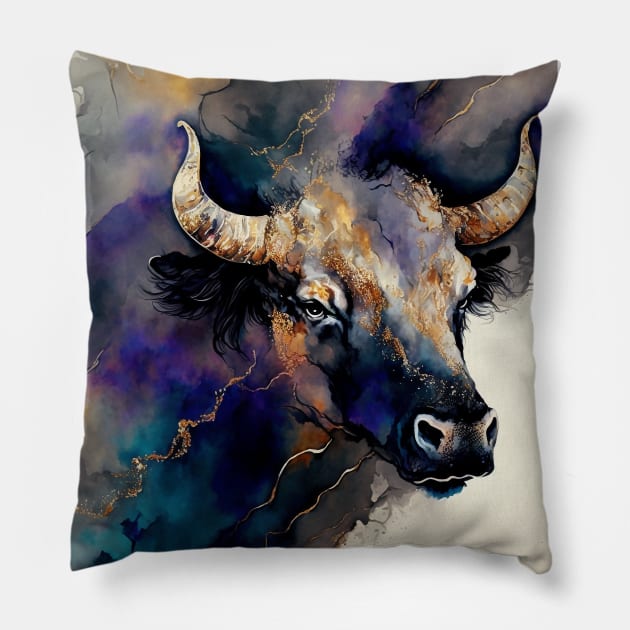 Bull Arise - Semi Abstract Alcohol Ink Resin Art Pillow by inkvestor