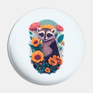 Cheerful Raccoon Amidst Colorful Blooms Pin