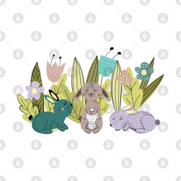 Rabbits between flowers by grafart