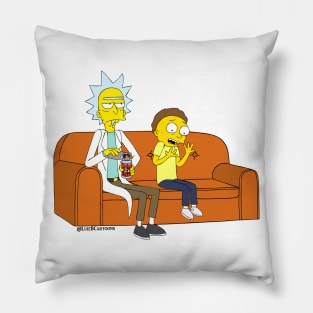 yellow scientist and kid on couch Pillow