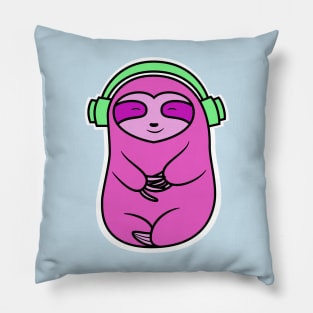 Happy Pink Sloth Listening to Music Pillow