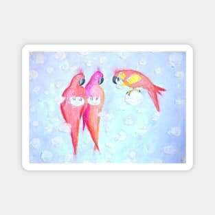 Three parrots among the clouds. Naive-art Magnet