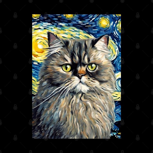 Adorable Persian Cat Breed Painting in a Van Gogh Starry Night Art Style by Art-Jiyuu