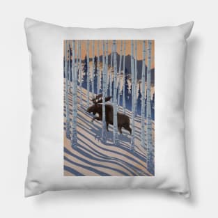 Scenic Winter Mountain Birch Forest and Moose Pillow