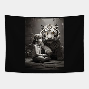 Black and white tiger with girl Tapestry