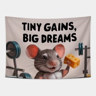 A muscular mouse wearing tiny weights, lifting a cheese dumbbell Tapestry