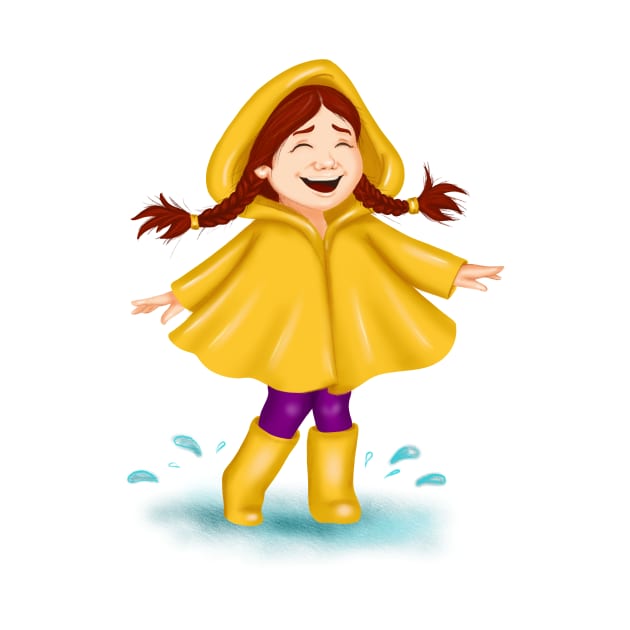 Spring fashion girl in yellow raincoat laughing and dancing in a puddle by Ayaruta