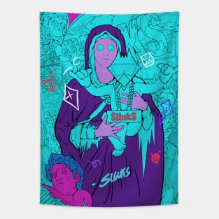 Dope Slluks chicken character chilling with virgin Mary montage illustration Tapestry