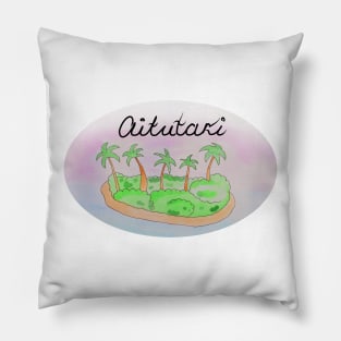 Aitutaki watercolor Island travel, beach, sea and palm trees. Holidays and rest, summer and relaxation Pillow