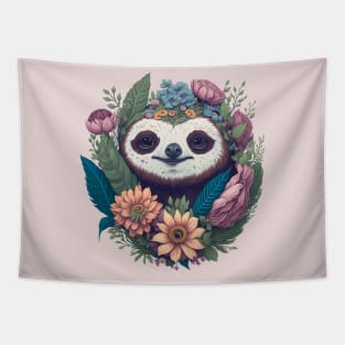 Cute Sloth face with flowers design for T-shirt, mugs, stickers, tote, pillows Tapestry