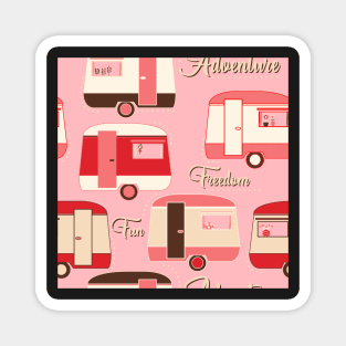 Repeat pattern of vintage caravans in retro colours on pink Magnet