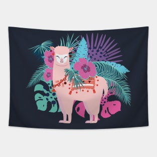 Pink Alpaca with exotic leaves and flowers Tapestry