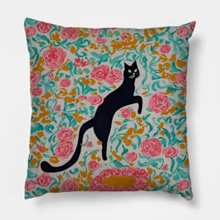 black cat jumping into peonies Pillow