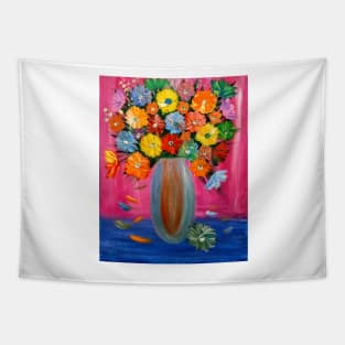 beautiful bouquet of mixed flowers in a silver vase Tapestry