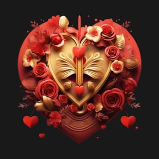 Valentine Golden Heart couple Love with flowers T-Shirt