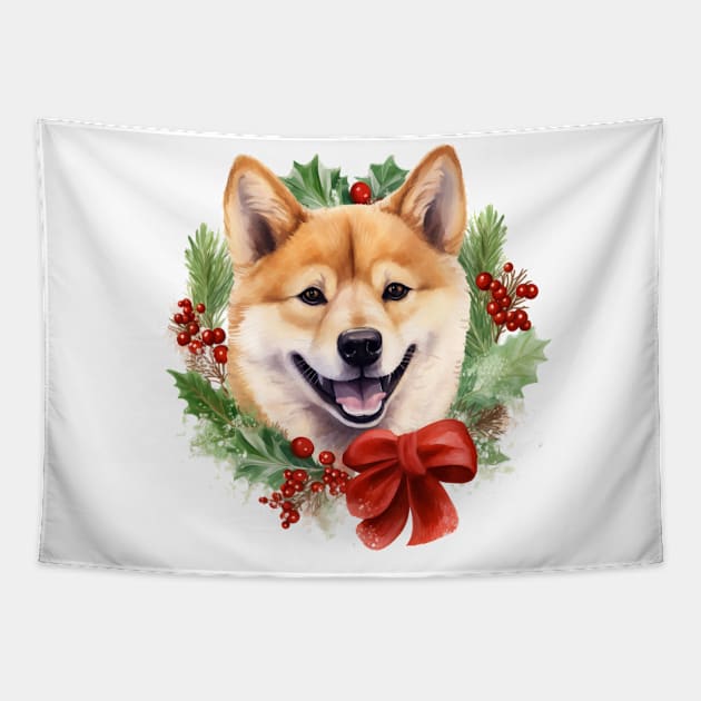 Christmas Shiba Inu Dog Wreath Tapestry by Chromatic Fusion Studio