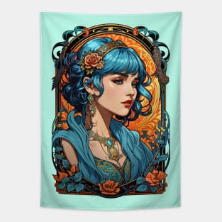 Bohemian Blue Haired woman retro vintage floral design Tapestry