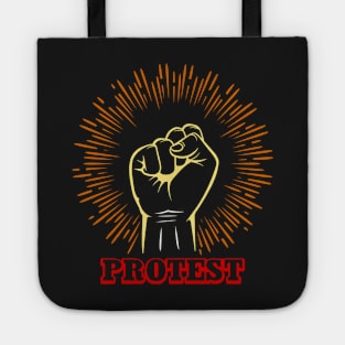 Male rising fist on a white background with wording Protest. Tote