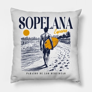 Vintage Surfing Sopelana, Spain // Retro Surfer Sketch // Surfer's Paradise Pillow